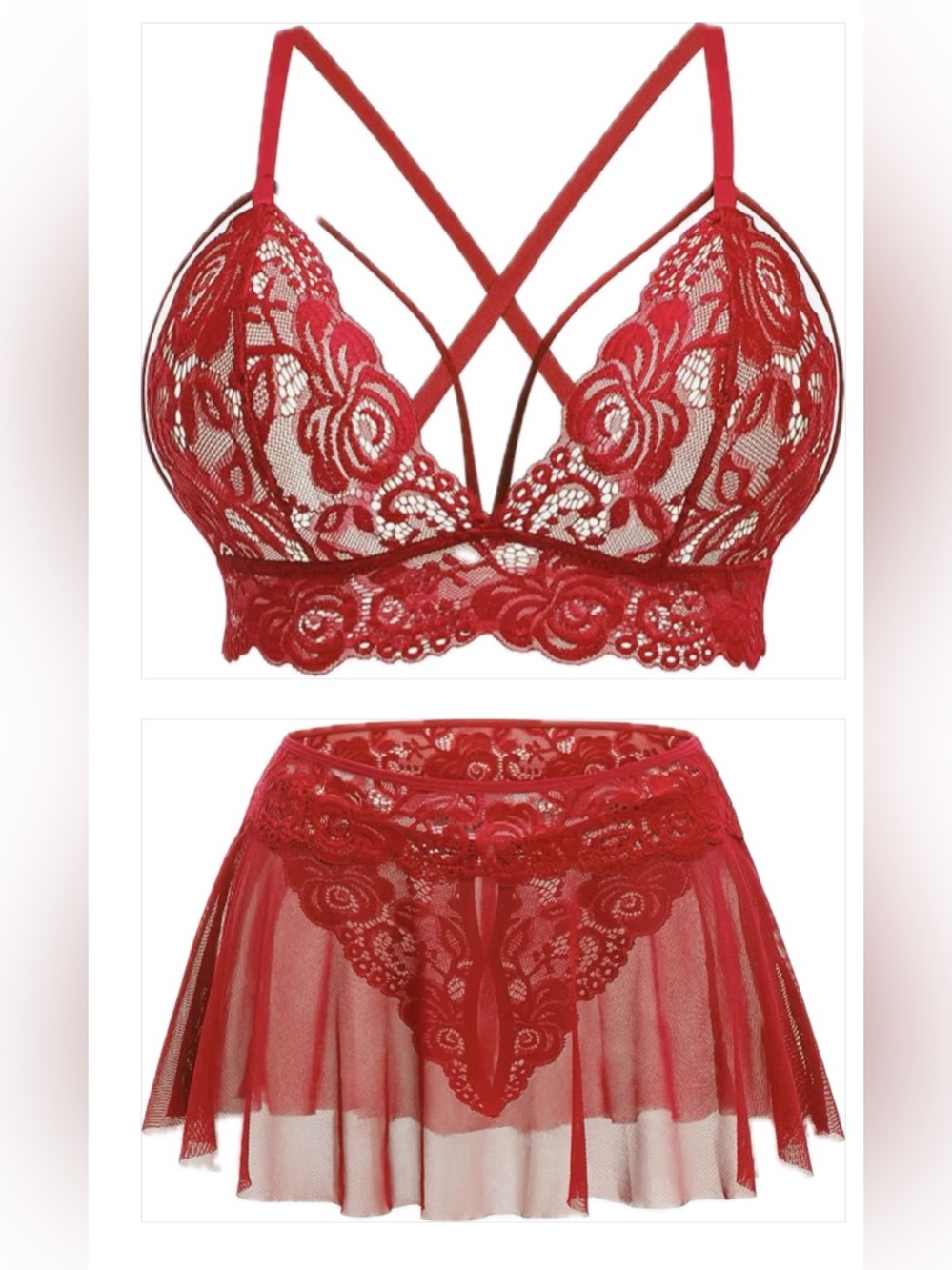Red Lace Bralette & Sheer Skirt Set - Women Intimates